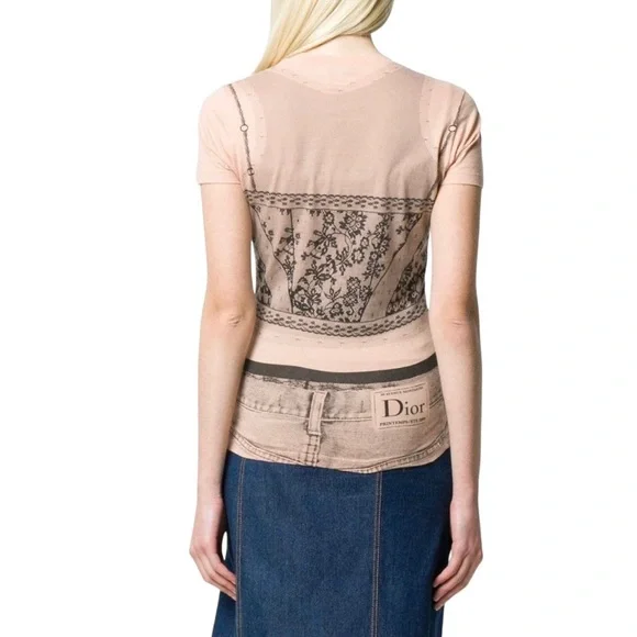 S VTG Y2k AUTH Christian Dior 2006 Trompe L'oeil Denim Lace Tee Shirt Logo Top - Picture 15 of 15
